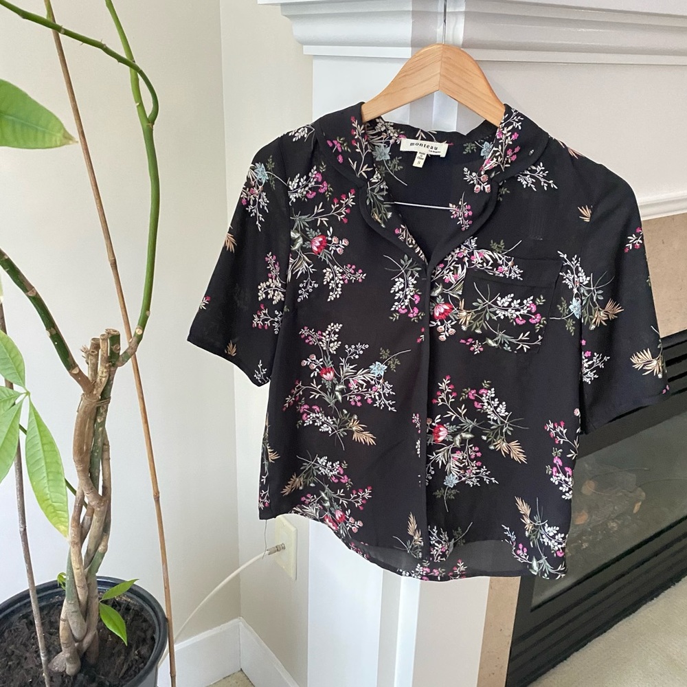 MONTEAU Black Floral Collared Short Sleeve Chiffon Blouse